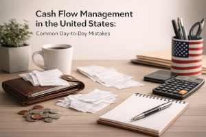 Desk scene illustrating cash flow management in the United States, featuring a wallet with receipts, loose coins, a calculator, notebook, coffee mug, and office supplies arranged on a wooden table, symbolizing everyday finances, budgeting habits, and common financial mistakes.