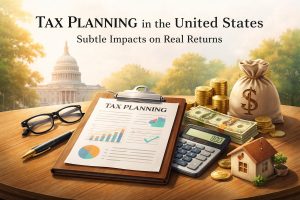 An illustrated cover image titled “Tax Planning in the United States: Subtle Impacts on Real Returns.” The scene shows a wooden desk with a clipboard labeled “Tax Planning” featuring charts and a pie graph, alongside a pen and eyeglasses. To the right are a calculator, stacks of U.S. dollar bills, piles of gold coins, and a money bag with a dollar sign, symbolizing wealth and taxation. A small model house in the foreground suggests the impact of taxes on assets like real estate. In the background, the U.S. Capitol building appears softly out of focus among trees, reinforcing the U.S. policy context and how tax decisions can quietly influence net, inflation-adjusted investment returns.