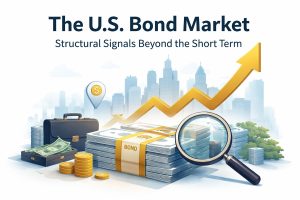 An illustrated cover image titled “The U.S. Bond Market: Structural Signals Beyond the Short Term.” The scene shows stacks of U.S. dollar bills bound with a band labeled “BOND,” accompanied by gold coins, a briefcase, and a location marker with a dollar sign. A magnifying glass highlights the bond stack, symbolizing deeper analysis of fixed income markets. In the background, a city skyline fades into soft tones while a bold upward yellow arrow rises above the scene, representing long-term structural trends beyond short-term market fluctuations. The composition emphasizes careful evaluation, capital flows, and underlying signals shaping the U.S. bond market over time.