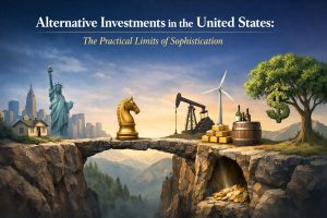 An illustrated cover image titled “Alternative Investments in the United States: The Practical Limits of Sophistication.” The scene shows a stone bridge spanning a deep canyon, symbolizing the challenge of connecting traditional and alternative assets. On the left side, the Statue of Liberty, a residential house, and a city skyline represent conventional investments. At the center of the bridge stands a golden chess knight, symbolizing strategy and sophistication. On the right side, alternative assets are depicted, including an oil pump, wind turbine, stacked gold bars, a wine barrel with bottles, and a large tree representing timber and natural resources. Beneath the bridge, a cave filled with gold coins suggests hidden value and risk. The composition highlights both the appeal and the practical limitations of alternative investments in the U.S. market.