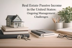 Minimalist workspace featuring a model house placed on stacked books, symbolizing real estate passive income in the United States. The scene includes house keys, notebooks, a pen, eyeglasses, and indoor plants, conveying ongoing property management, long-term investment planning, and personal finances in a calm and organized environment.