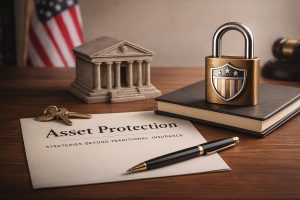 Asset protection concept with a padlock resting on a book, legal documents labeled asset protection, a classical bank building model, and an American flag in the background, symbolizing secure wealth management and long-term finances strategies in the United States.