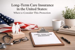 Long-term care insurance planning scene in the United States, featuring a clipboard labeled long-term care insurance, senior couple figurines, stethoscope, glasses, and an American flag on a desk, symbolizing retirement preparation, healthcare security, and responsible finances planning for future medical needs.