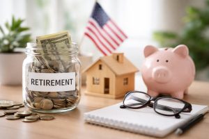 A minimalist and realistic scene representing retirement finances in the United States, featuring a glass jar filled with coins and bills, a small wooden house, a piggy bank, reading glasses, and a subtle American flag in the background, symbolizing long-term financial planning and personal responsibility in finances.