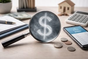 A minimalist and realistic finance scene showing a magnifying glass over a faint dollar symbol formed by smoke on a wooden desk, surrounded by coins, a smartphone with a banking app interface, a checkbook, and subtle financial objects, representing hidden finance costs in everyday banking.