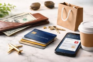 Minimalist and realistic still life representing finances, with a stack of credit cards on a light marble surface, a leather wallet with U.S. dollar bills, a smartphone displaying a rewards-style interface, and everyday consumer items such as shopping bags, keys, and coffee cup, symbolizing how credit card benefits influence consumer spending in the United States.