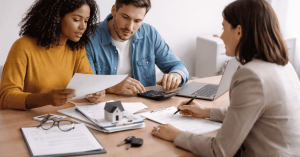 Couple reviewing loan documents with a financial advisor at a desk, calculating mortgage loan details and discussing home loan options in the United States.