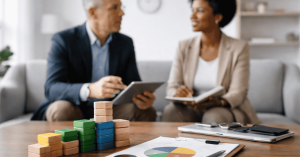 Financial advisor discussing investments with a client, reviewing charts and data on a tablet while analyzing investment growth strategies in the United States.
