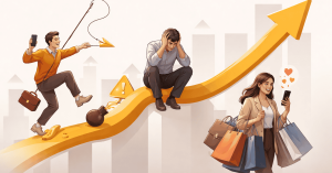 Illustration showing different emotional behaviors affecting investments, with people reacting to market growth, risk, stress, and impulsive spending along an upward financial trend in the United States.