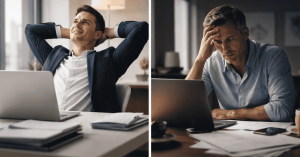 Split-screen image contrasting investments outcomes, showing a confident investor relaxed at a laptop on one side and a stressed investor reviewing financial documents on the other in a United States office setting.