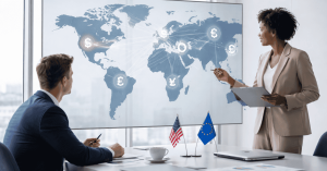 Business professionals discussing global investments in a U.S. office, with a world map displaying international currency symbols and financial connections during an investment strategy meeting