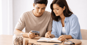 Young couple reviewing household finances and investments at a table, using a smartphone and notebook while planning savings and long-term investment goals at home.