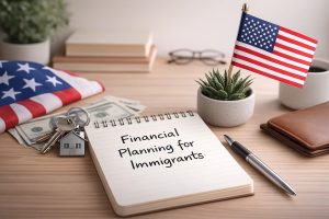 Financial planning for immigrants in the United States, showing a notebook titled 'Financial Planning for Immigrants' on a wooden desk with a small U.S. flag, house keychain, savings jar, cash, pen, wallet, and daily essentials, symbolizing responsible finances, stability, and long-term financial organization in a new country.