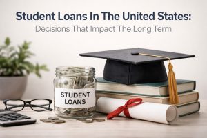 A graduation cap resting on a stack of books beside a glass jar labeled “Student Loans” filled with U.S. dollar bills, a rolled diploma tied with a red ribbon, scattered coins, a calculator, and eyeglasses on a desk, symbolizing the long-term financial impact of student loans in the United States.