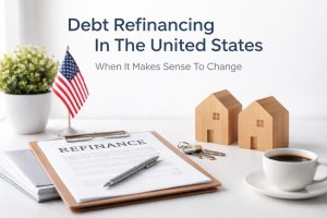 A desk scene illustrating debt refinancing in the United States, featuring a clipboard with a refinance document and pen, a small U.S. flag, two wooden house models, a set of keys, a cup of coffee, and stacked papers, symbolizing mortgage and debt refinancing decisions.