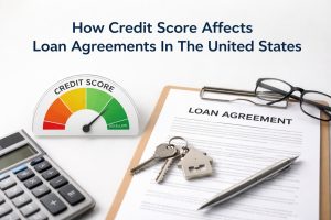 Image illustrating how credit score affects loan agreements in the United States. The scene shows a credit score gauge pointing to the “excellent” range, a calculator, and a clipboard with a loan agreement document. On top of the document are a pen, a pair of glasses, and a set of keys with a house-shaped keychain, symbolizing mortgage or loan approval. The clean, neutral background emphasizes financial evaluation, creditworthiness, and the role of credit scores in U.S. lending decisions.