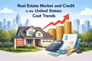 Illustrated scene representing cost trends in the United States real estate and credit market: a suburban house with a “For Sale” sign in the foreground, accompanied by stacks of gold coins, a rising red arrow symbolizing increasing costs, and financial items such as a calculator, credit cards, a document with dollar symbols, and house keys. In the background, a stylized city skyline and green trees suggest an urban-suburban setting. No real individuals are depicted; all elements are illustrative and symbolic of housing prices and credit conditions.