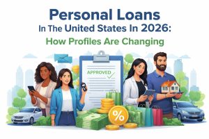 Illustrated banner about personal loans in the United States in 2026, showing a diverse group of people using smartphones and tablets while interacting with financial symbols such as cash stacks, coins, percentage icons, shopping bags, cars, and a house model. In the center, a clipboard with an “Approved” loan document represents loan approval. The background features a modern city skyline and green elements, emphasizing financial growth, consumer credit, and changing borrower profiles. The image is a digital illustration, not depicting real people.