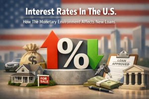 Conceptual illustration about interest rates in the United States, featuring large percentage symbols with upward and downward arrows to represent rising and falling rates. The background shows a blurred U.S. flag and a modern city skyline. In the foreground, financial elements include a house with a “For Sale” sign, a car, a bag of money with a dollar symbol, stacks of cash, a pen, keys, a bank building, and a clipboard labeled “Loan Approved.” The image symbolizes how the U.S. monetary environment influences new loans, mortgages, and consumer credit. This is a digital illustration and does not depict real people.