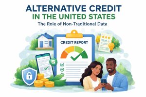 Illustration about alternative credit in the United States and the role of non-traditional data. At the top, bold text reads “ALTERNATIVE CREDIT IN THE UNITED STATES” with the subtitle “The Role of Non-Traditional Data.” In the center, a large clipboard displays a “Credit Report” with a gauge showing a positive credit score and check marks indicating approval. Surrounding the clipboard are financial and security symbols, including a house, a smartphone with a verified check mark, a shield with a padlock, stacks of gold coins, and documents with star ratings and a light bulb icon. In the foreground, an illustrated couple—a woman with long dark hair wearing a light yellow top and a man with short hair and a beard wearing a blue jacket—look at a smartphone together, suggesting digital credit evaluation. The image visually represents modern credit assessment methods that incorporate alternative data sources beyond traditional credit history.