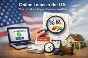 A conceptual illustration about online loans in the United States. In the foreground, a laptop screen displays “Loan Approved” with an “Apply” button, while a hand holds a magnifying glass over loan documents highlighting a percentage symbol and a risk gauge. A contract document, calendar, clock, house model with a “For Sale” sign, wallet with cash, and car keys are arranged on a desk. The American flag appears blurred in the background. The image symbolizes evaluating loan terms, interest rates, contracts, approval processes, and financial risk beyond the advertised rate.