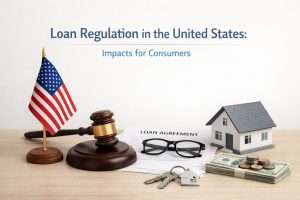 Illustrative image about loan regulation in the United States. On a wooden desk surface there is a composition of objects related to finance and legal oversight. On the left side, a small United States flag stands upright beside a wooden judge’s gavel and sound block, symbolizing legal authority and financial regulation. In the center lies a document titled “Loan Agreement” with a pair of eyeglasses placed on top, suggesting financial review or contract analysis. In front of the document there are house-shaped keychains attached to keys, representing property ownership or mortgages. On the right side of the image sits a miniature house model next to a stack of US dollar bills and coins, symbolizing consumer lending and housing finance. Above the scene appears the headline text: “Loan Regulation in the United States: Impacts for Consumers.” The composition visually represents how government regulation and legal frameworks affect loans, mortgages, and financial agreements available to consumers in the United States.