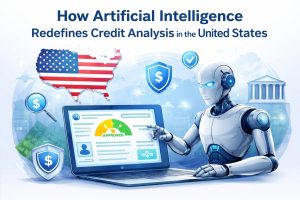 Illustration of artificial intelligence analyzing credit data on a laptop with an “approved” indicator, alongside a map of the United States and financial security icons.
