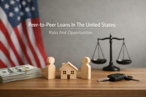 Peer-to-peer lending concept in the United States showing wooden human figures and a small house model on a table, with stacks of US dollar bills, a car key, and a balance scale in the background alongside an American flag, symbolizing financial agreements, risk assessment, and lending opportunities between individuals.
