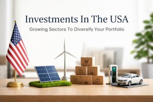 Investments in the USA concept featuring an American flag alongside renewable energy symbols like solar panels and a wind turbine, stacked delivery boxes representing e-commerce growth, and an electric car at a charging station, illustrating emerging sectors such as clean energy, logistics, and sustainable transportation for portfolio diversification.