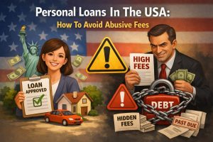 personal loans in the USA illustration showing approved loan vs debt risks with high fees, hidden fees warning, house, car and financial caution concept