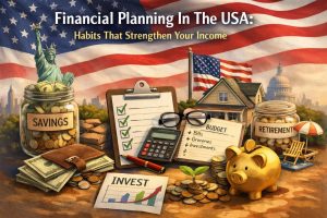 financial planning in the USA concept with savings jar, budget checklist, calculator, piggy bank and investment growth chart showing habits that strengthen your income