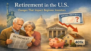 Illustration of an elderly couple reviewing retirement documents in the United States, with symbols of Social Security uncertainty, stock market decline, and 401(k) savings, highlighting financial challenges and changes impacting beginner investors.