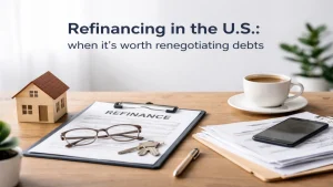 Refinancing concept in the United States with home model, refinance documents, keys, glasses, and financial paperwork on a desk, illustrating when it is worth renegotiating debts and managing personal finance.
