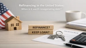 Refinancing decision concept in the United States with house model, mortgage documents, calculator, and blocks reading ‘refinance or keep loan’ on a desk with American flag background