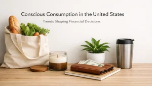Conscious consumption concept in the United States with reusable grocery bag, fresh organic vegetables, wallet with cash, notebook, candle, plant, and reusable coffee cup on a wooden table