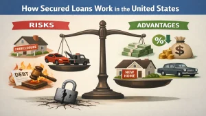 How secured loans work in the United States illustration showing balance scale with risks like foreclosure and debt versus advantages such as lower interest rates, cash savings, and home ownership