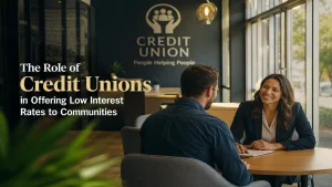 Professional editorial-style image of a financial advisor meeting with a client inside a modern credit union office, illustrating how credit unions offer low interest rates to communities through personalized financial support and accessible banking services.