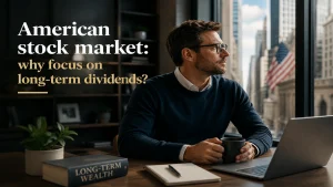 Professional editorial-style image of an investor reflecting on long-term dividend strategies in the American stock market while working in a modern office with a city skyline view, symbolizing financial planning, passive income, and long-term wealth growth.