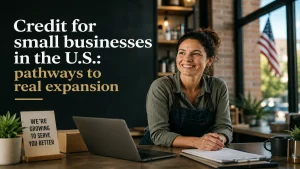Professional editorial-style image of a small business owner working inside a modern café while exploring business credit opportunities in the United States, symbolizing financial growth, entrepreneurship, funding access, and pathways to real business expansion.