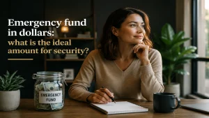 Professional editorial-style image of a woman planning her emergency fund in U.S. dollars at a modern home office desk, featuring a savings jar filled with cash, symbolizing financial security, personal budgeting, emergency savings, and long-term financial stability.