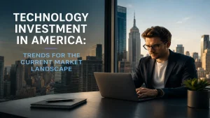 Young professional analyzing technology investment opportunities in America from a modern office overlooking the New York skyline, representing current market trends and innovation.