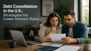 Couple reviewing financial documents at home while planning debt consolidation strategies for lower interest rates in the United States, with modern professional atmosphere and cinematic lighting.