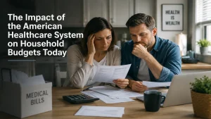 Couple reviewing medical bills and household expenses at home while discussing the financial impact of the American healthcare system on family budgets in the United States.