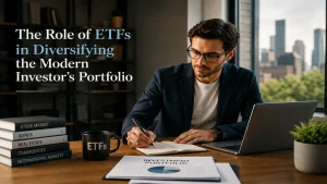Modern investor analyzing ETF diversification strategies in a professional office environment with financial documents, laptop, and contemporary investment planning atmosphere.