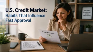 Professional woman reviewing credit approval documents in a modern office while learning smart financial habits for fast credit approval in the U.S. credit market.